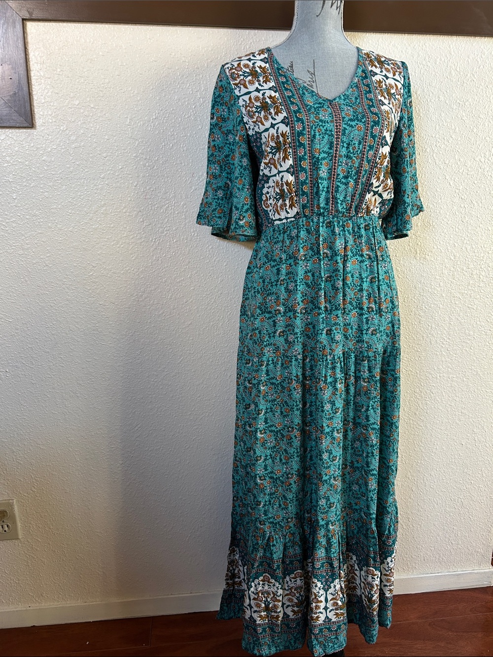 Teal Floral Maxi Dress with Embroidered Yoke